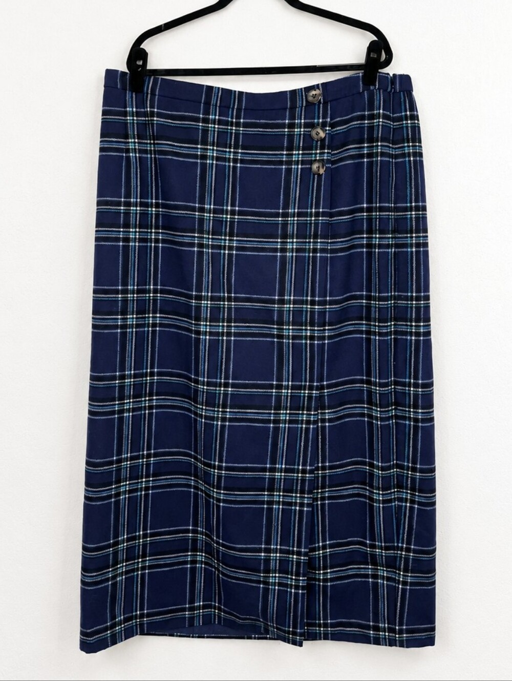 Jessica London 22W Navy Plaid Wool Blend Wrap Midi Skirt Lined Plus Size Preppy